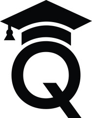 Stylized educational typography featuring lowercase and uppercase letters topped with academic graduation caps, symbolizing modern learning and creative academic design, letter q education hat
