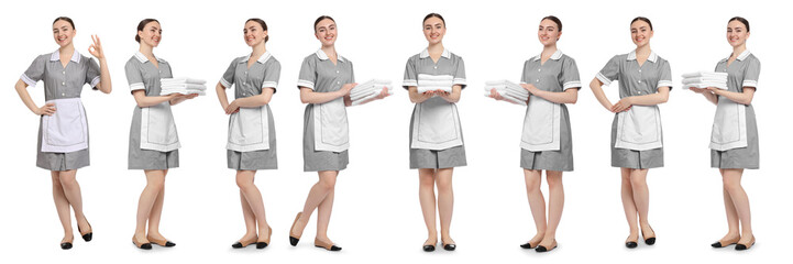 Happy young chambermaid on white background, collage