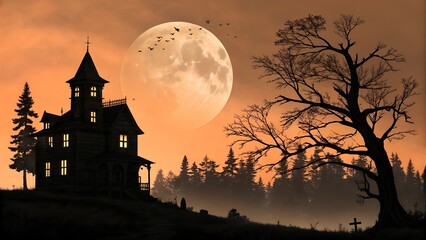 Fototapeta premium Spooky Haunted House Silhouette Underneath an Orange Moonlit Sky.