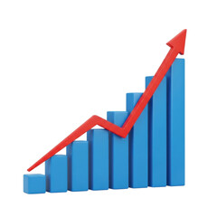 Obraz premium 3d blue bar chart with red arrow demonstrating upward growth trend on transparent background