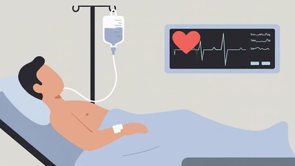 Cartoon patient lying in hospital bed with IV and heart monitor screen