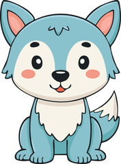 Cute cartoon illustration of a light-blue wolf, sitting and smiling.