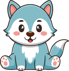 Adorable cartoon baby wolf sitting, light blue fur, big eyes, happy expression.