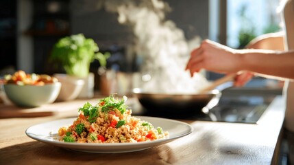 A plate of steaming red bulgur sits on the table while a mother’s hands prepare food in a bright modern kitchen, full of warmth, clean surfaces, and natural light.