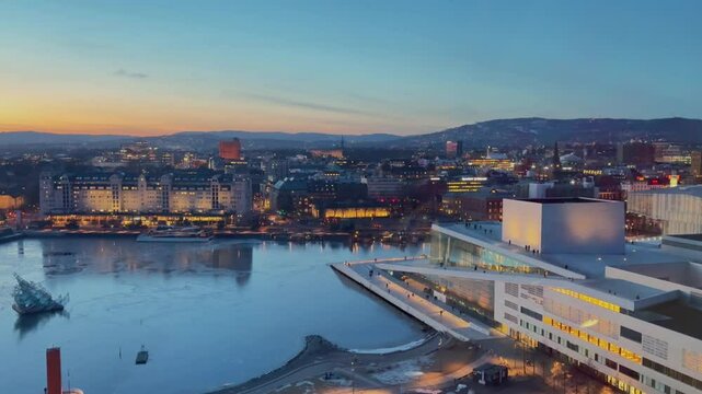 Munch Museum skybar rooftop view Oslo Opera House Norway Norge aerial drone Norwegian arctic vibrant golden hour sunset downtown cityscape Inner Oslo Fjord She Lies artwork calm frozen frigid ocean
