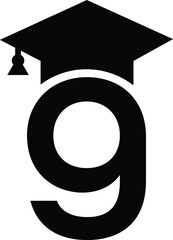 Stylized educational typography featuring lowercase and uppercase letters topped with academic graduation caps, symbolizing modern learning and creative academic design, letter g education hat