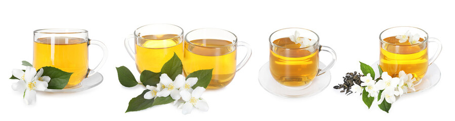 Delicious jasmine tea and fresh flowers on white background, set