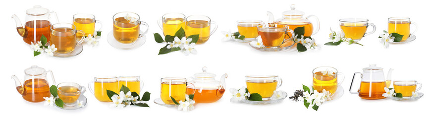 Freshly brewed jasmine tea and flowers on white background, collage