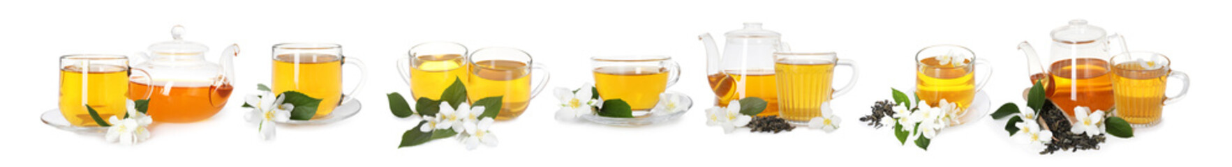 Delicious jasmine tea and fresh flowers on white background, set