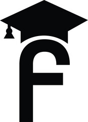 Stylized educational typography featuring lowercase and uppercase letters topped with academic graduation caps, symbolizing modern learning and creative academic design, letter f education hat
