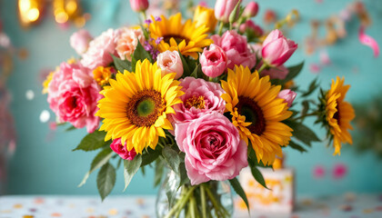 Vibrant bouquet of sunflowers and pink roses in a glass vase with a festive background