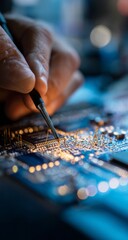 Naklejka premium Technician Hand Using Precision Tool on Circuit Board with Microchip in Close Up