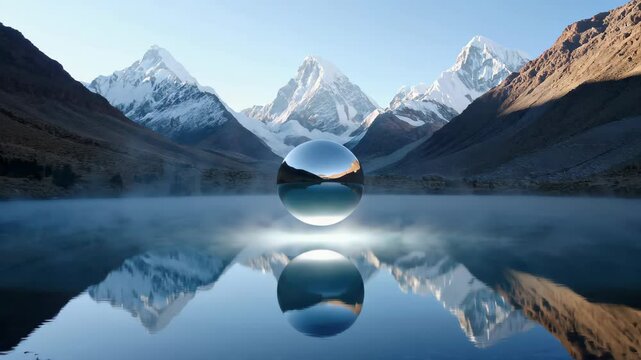 A Large Metallic Orb Floating Above a Serene Alpine Lake with Perfect Mountain Reflections