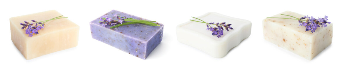Soap bars and lavender flowers isolated on white, set
