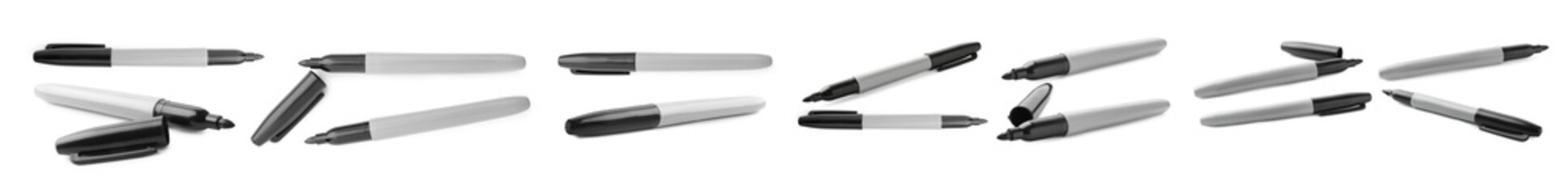 Black marker isolated on white, collage. View from different sides