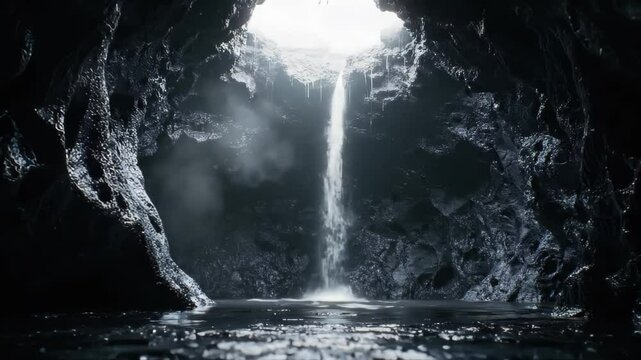 Cinematic Reveal of a Hidden Waterfall Cascading from a Skylight into a Dark, Mysterious Underground Cave