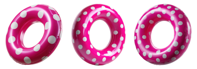 Pink inflatable swim rings with white polka dots, fun summer pool floats, isolated on transparent background