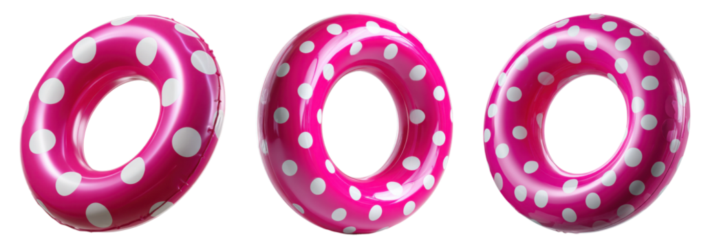 Pink inflatable swim rings with white polka dots, fun summer pool floats, isolated on transparent background