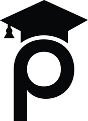 Stylized educational typography featuring lowercase and uppercase letters topped with academic graduation caps, symbolizing modern learning and creative academic design, letter p education hat