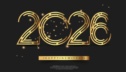 Elegant golden geometric numbers '2026' with 'Happy New Year' text on a sparkling black background
