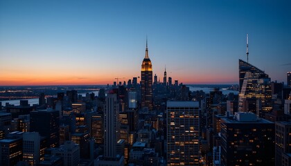 Fototapeta premium Manhattan Skyline Panorama at Dusk with Iconic New York City Buildings and Twilight Sky