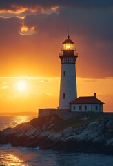 Naklejka premium A lighthouse stands tall on a small island, bathed in the golden light of a stunning sunset, creating a serene and captivating scene