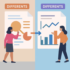 Two Women Analyzing Data Transformation from Pie Chart to Bar Graph