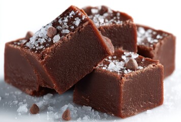 Decadent Chocolate Fudge with Sea Salt Crystals on White Background for Sweet Treat and Dessert Imagery