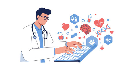 Doctor Typing on Keyboard with Medical Icons.