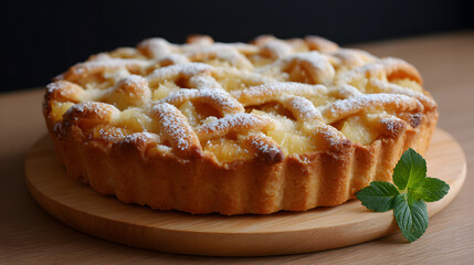 Close-up of a homemade pineapple crostata on a cooling rack, sprinkled with powdered sugar. Soft natural lighting, cozy and rustic style.
