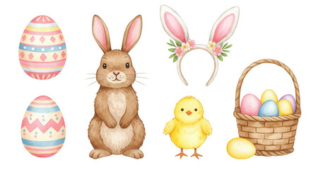 Fototapeta premium Adorable easter bunny with eggs, chick, and basket, isolated on transparent background