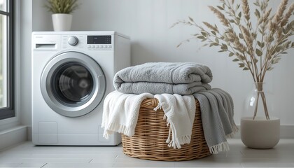 Clean laundry folded in a basket next to a modern washing machine