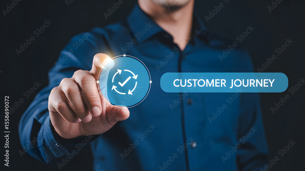 Poster man interacts with a digital customer journey experience, emphasizing customer satisfaction and stre