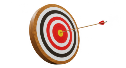 An arrow hitting the bullseye of a wooden target, isolated on transparent background