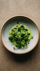 Young watercress salad with black beans and avocado dressing.