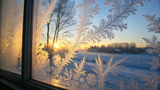  Intricate frosty patterns adorn window glass illuminated by golden sunlight shining through the blue sky at winter sunrise.