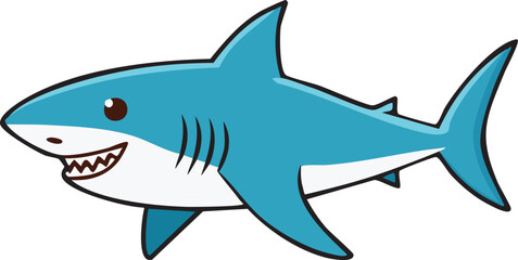 Cartoon illustration of a blue shark with a friendly smile, showcasing its teeth and gills.