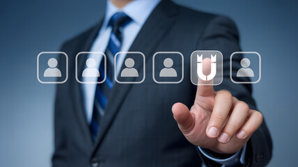 Businessman selects the ideal candidate, shown by a magnet, from a pool of people for talent acquisition, job selection, or human resources management.