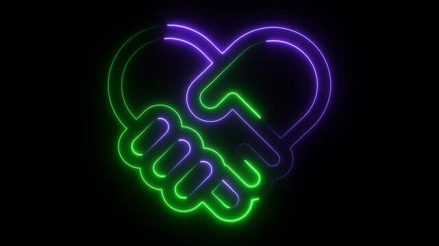  Glowing neon line heart with hands icon animation with  color green and blue glowing neon sign.