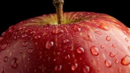 Close-up of a red apple with water droplets on black background - Powered by Adobe