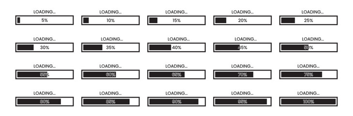 A complete set of loading progress bars in flat design, ranging from 5% to 100%. Ideal for UI/UX, websites, games, apps, and dashboard designs.