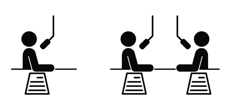 Cartoon podcast interview or recording session with microphone. Blog, communication concept. Podcast studio, radio show. Host with table and paper. Online, webcast audio record. Live, media record.