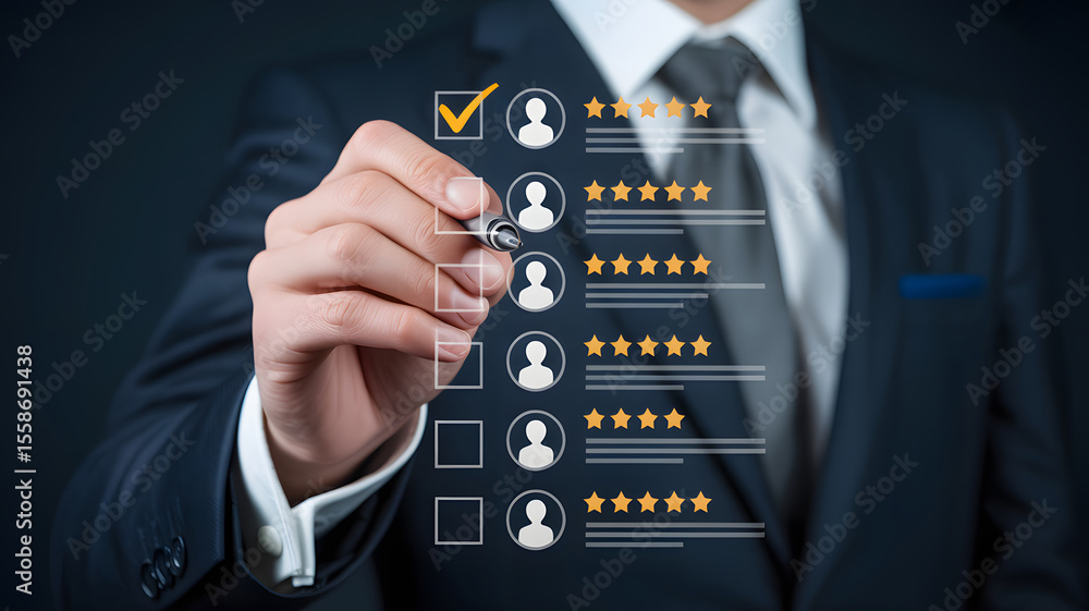 Poster a businessman in a suit marks a check box on a rating survey with positive feedback and customer sat