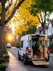 Accessible van in a residential street at sunset