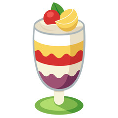 Vector of layered trifle dessert in a glass, colorful fruit and cream, white background