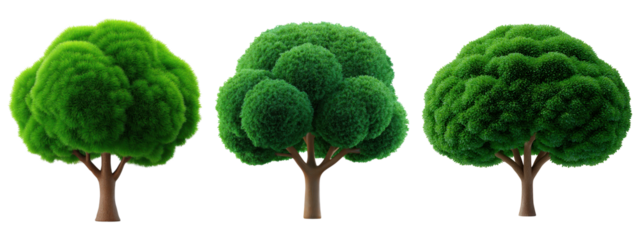 Lush green trees with rounded bushy tops, stylized 3D cartoon forest elements, isolated on transparent background