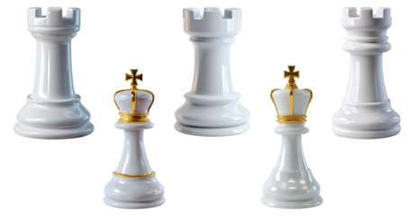 White chess rooks and queens with gold crowns, stylized 3D cartoon strategy game pieces, isolated on transparent background