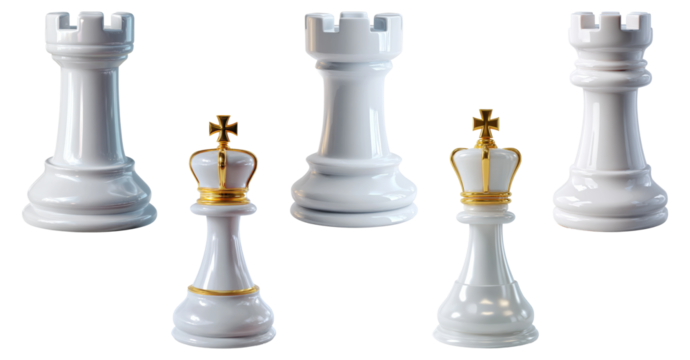 White chess rooks and queens with gold crowns, stylized 3D cartoon strategy game pieces, isolated on transparent background