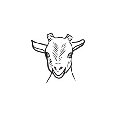 Realistic goat head with horns portrait in black isolated on white. Hand drawn vector sketch illustration in doodle vintage line art style. Domestic farm animal, countryside, agriculture