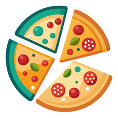 Flat icon vector of different types of pizza slices with toppings, white backdrop
